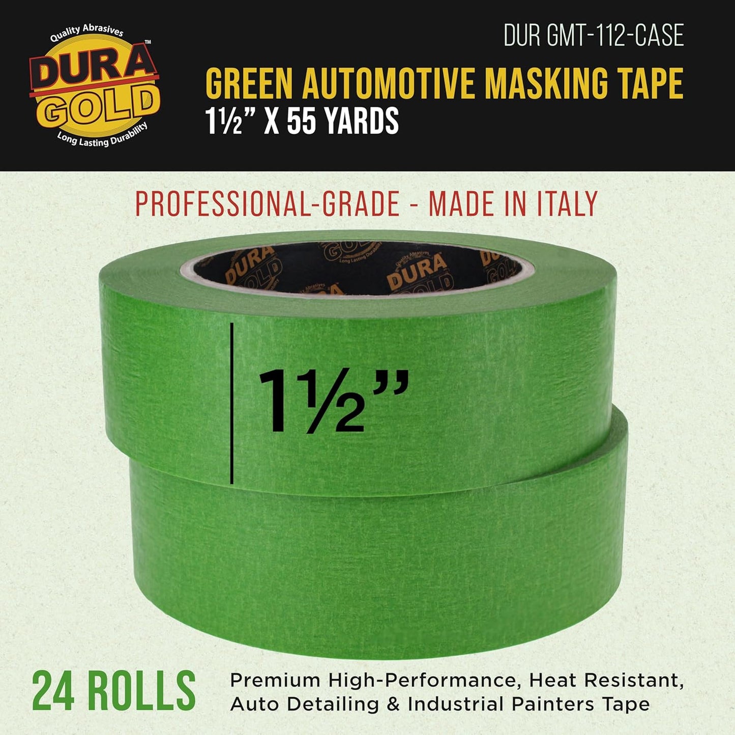 Dura-Gold Green Automotive Masking Tape 1-1/2 Inch (1.41 Inch x 55 Yards), Case of 24 Rolls - Premium High-Performance, Heat Resistant - Auto Refinish Painting, Car Detailing, Autobody, Painters Tape