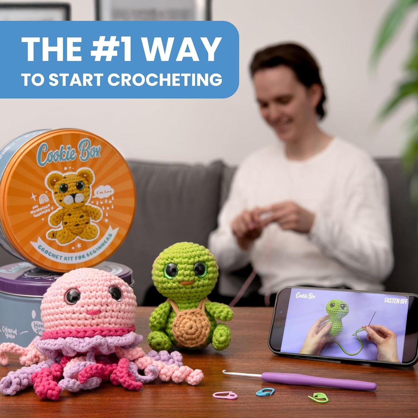 Cookie Box Crochet Kit for Beginners – Gift Set to Make Oyster Pear Amigurumi Plushie – Easy DIY Crochet & Knitting Starter Kit with Video and PDF Tutorials