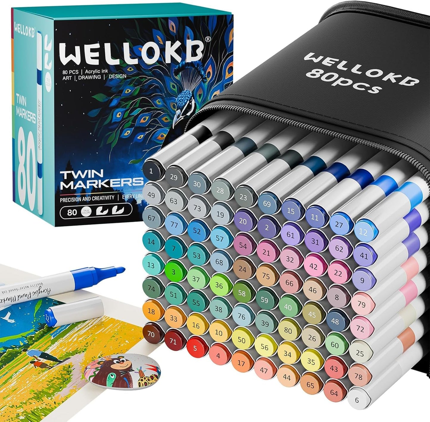 80 Colors Dual Tip Acrylic Paint Markers, Fabric Markers, Brush Tip Permanent Acrylic Paint Pens for Wood, Glass, Rocks, Paper, Coloring book,Ceramic,DIY Crafts for Adults,Kids and Art School Supplies