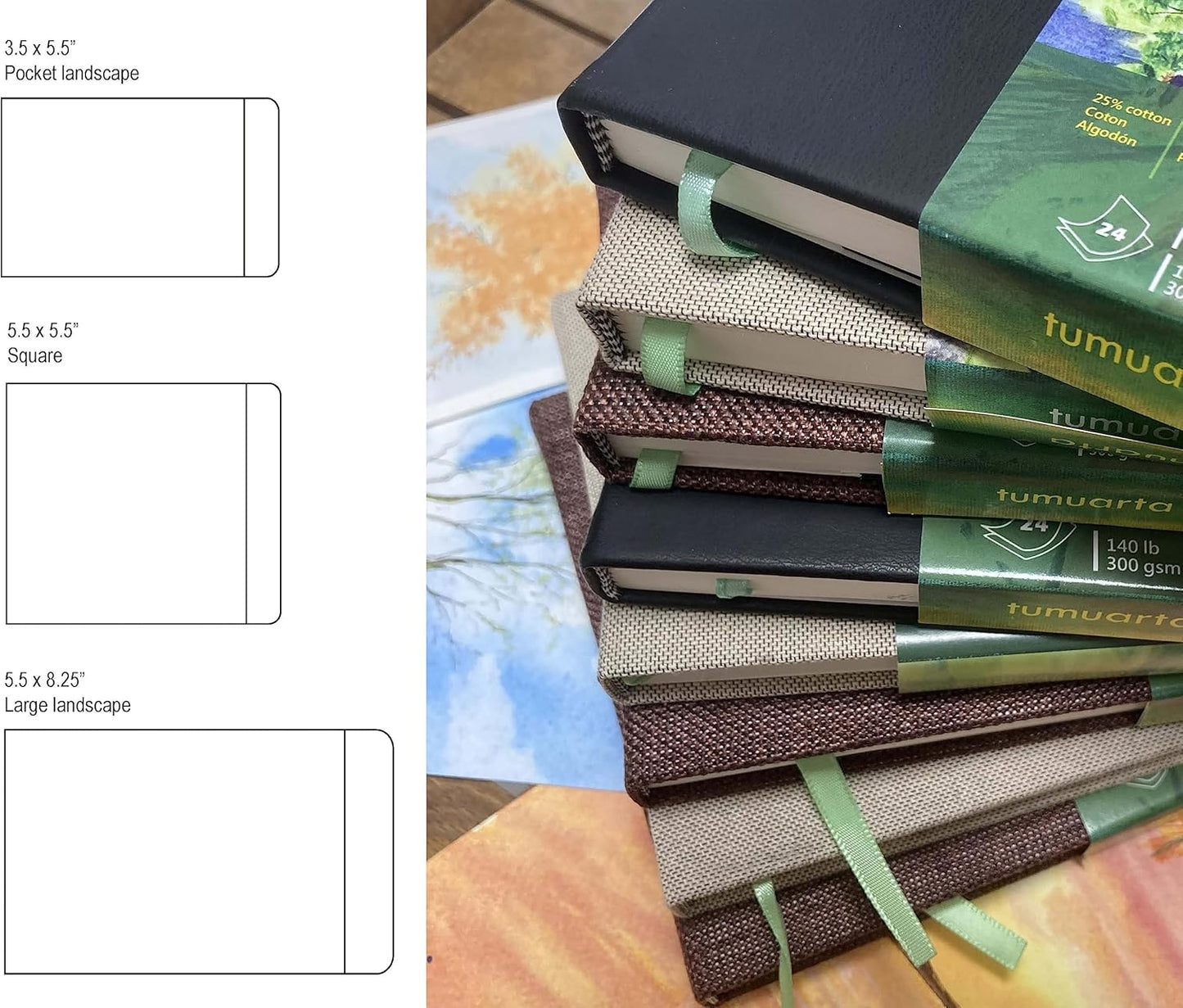 tumuarta Square Watercolor Journal, 5.5x5.5”, 140 LB, 300 GSM, Cotton Paper, Cold Press, 24 Sheets, 48 Pages, Watercolor Paper SketchBooks for Use As Mix Media Pad On The Go