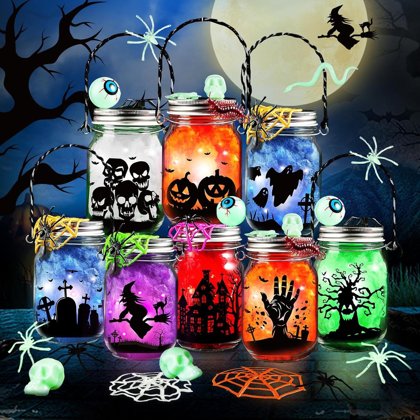 SpringFlower 8 Pack Halloween DIY Arts and Crafts Kits for Kids Ages 6-8, 8-12, Halloween Mason Jar with Accessories for DIY Lantern Jar, Art & Craft Party Supplies for Classroom Kids