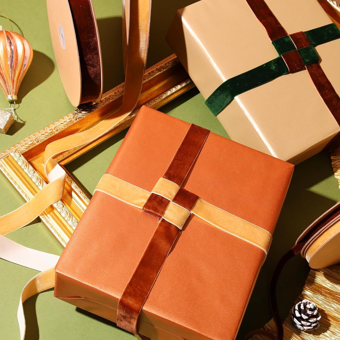 LaRibbons Thin Velvet Ribbon 1 Inch x 25 Yards, Khaki Velvet Ribbon for Christmas Tree, Gift Wrapping, Wreath Bow, Outdoor Decoration