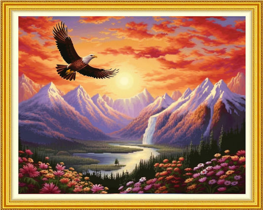 Funchey Stamped Cross Stitch Kits, DIY Cross Stitch Pattern for Adults Beginners Needlepoint Kits Embroidery Kit Arts and Crafts 11CT-Mountain and River Owl 16x20 inch