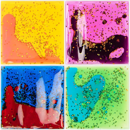 LONGKING 4-Pack Liquid Tiles for Kids, Soft Gel Liquid Sensory Toys for Autistic Children, Sensory Mats, Sensory Toys for Toddlers 3-4