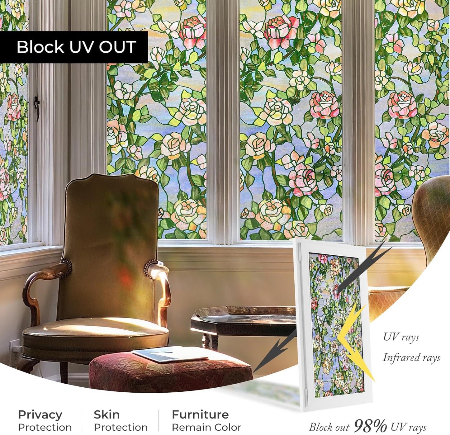 3D Stained Glass Window Film, Decorative Window Privacy Film for Bathroom, Front Door, Home, Sun Blocking Heat Control, Static Cling, Beast Rose 23.6inch x 35.4inch