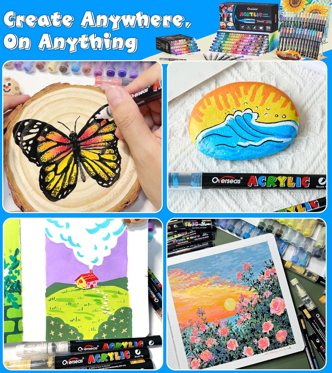 Overseas Acrylic Paint Markers 60 Colors, Brush Tip Paint Pens with Automatic Ink Control System, Quick Drying Liquid Ink Acrylic Marker for Rock, Wood, Canvas, Glass, Fabric, Metal, Plastic, Rubber