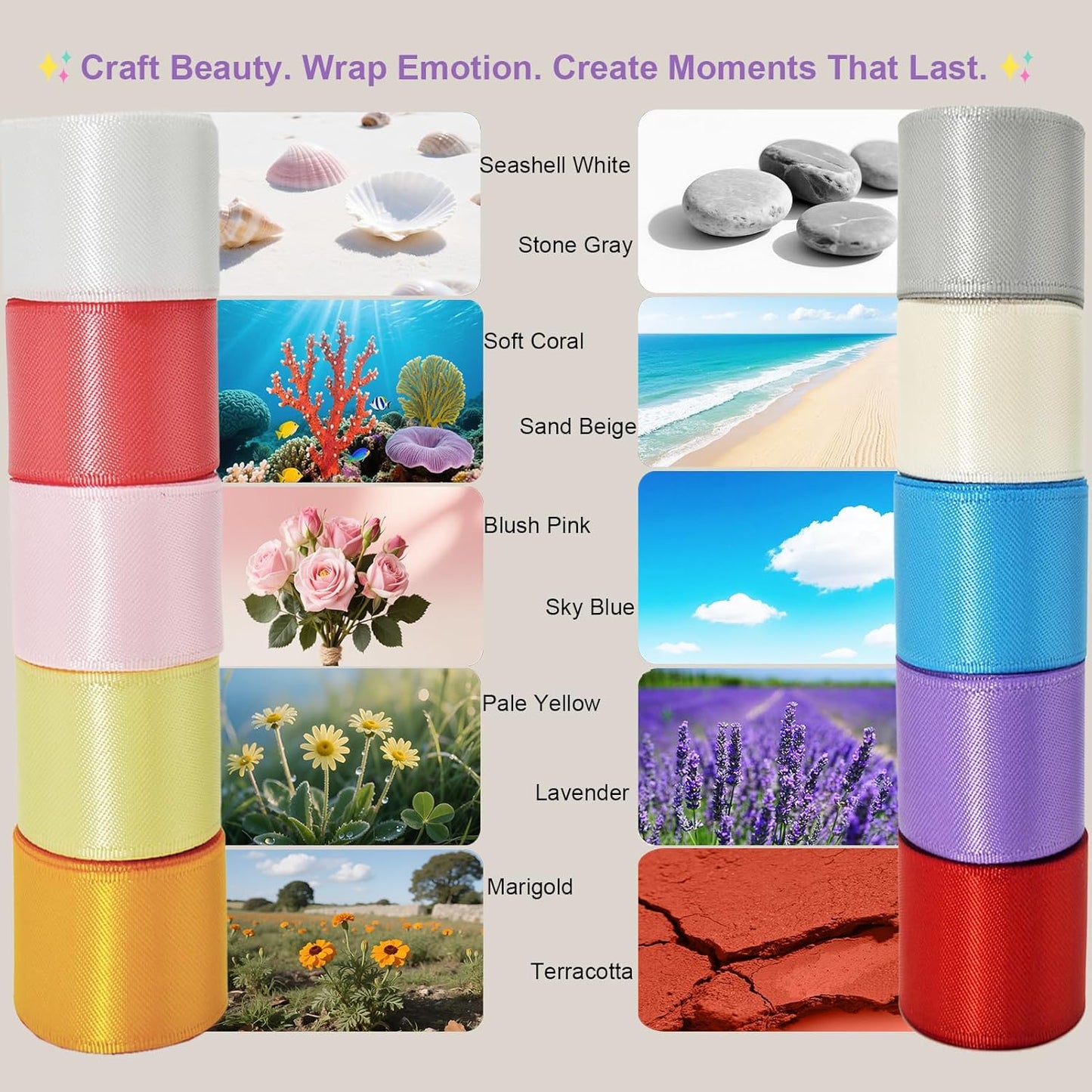 Satin Ribbon 1 Inch Pack,“Morning Meadow Set” 50 Yards Double Faced 10 Nature Colored Ribbon Bulk for Gift Wrapping, Crafts, Flower Bouquet, Easter, Wedding, Party, Hair & Bows