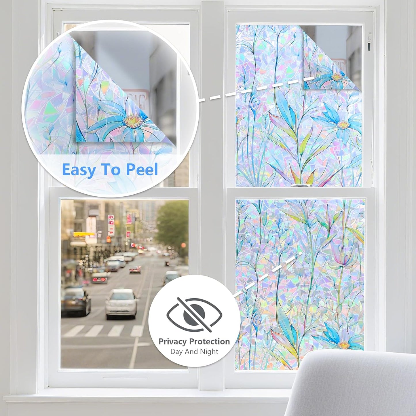 FINNEZ Window Privacy Film Stain Glass Film Flowers Rainbow Window Film Window Clings Non-Adhesive Reusable Decorative for Home（Blue Lotus，35.4 Inch x 13.1 Feet）