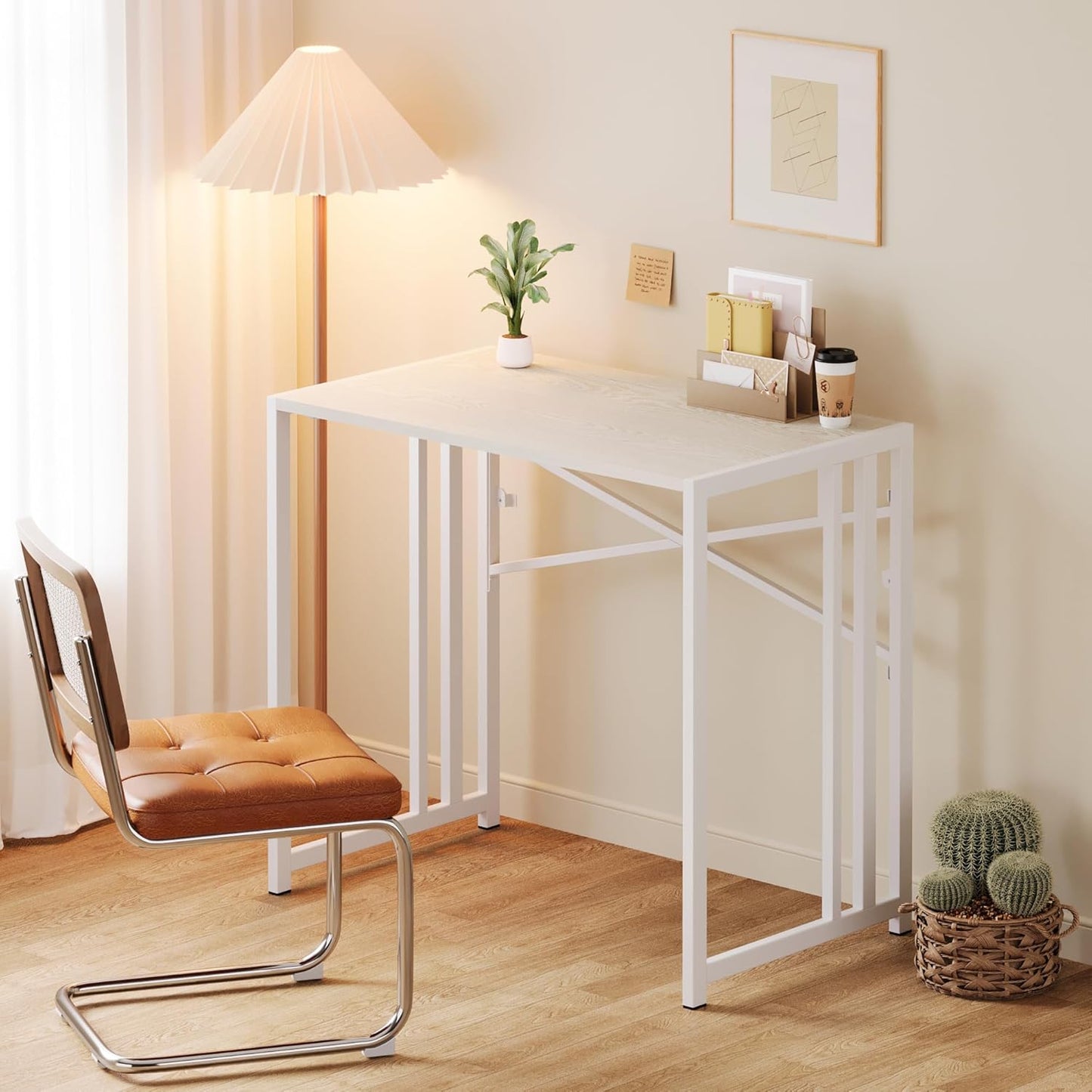 35 inch Small Folding Desk, Writing Gaming Computer Camping Desk for Small Spaces, No Assembly Required Home Office Table, Natural and White