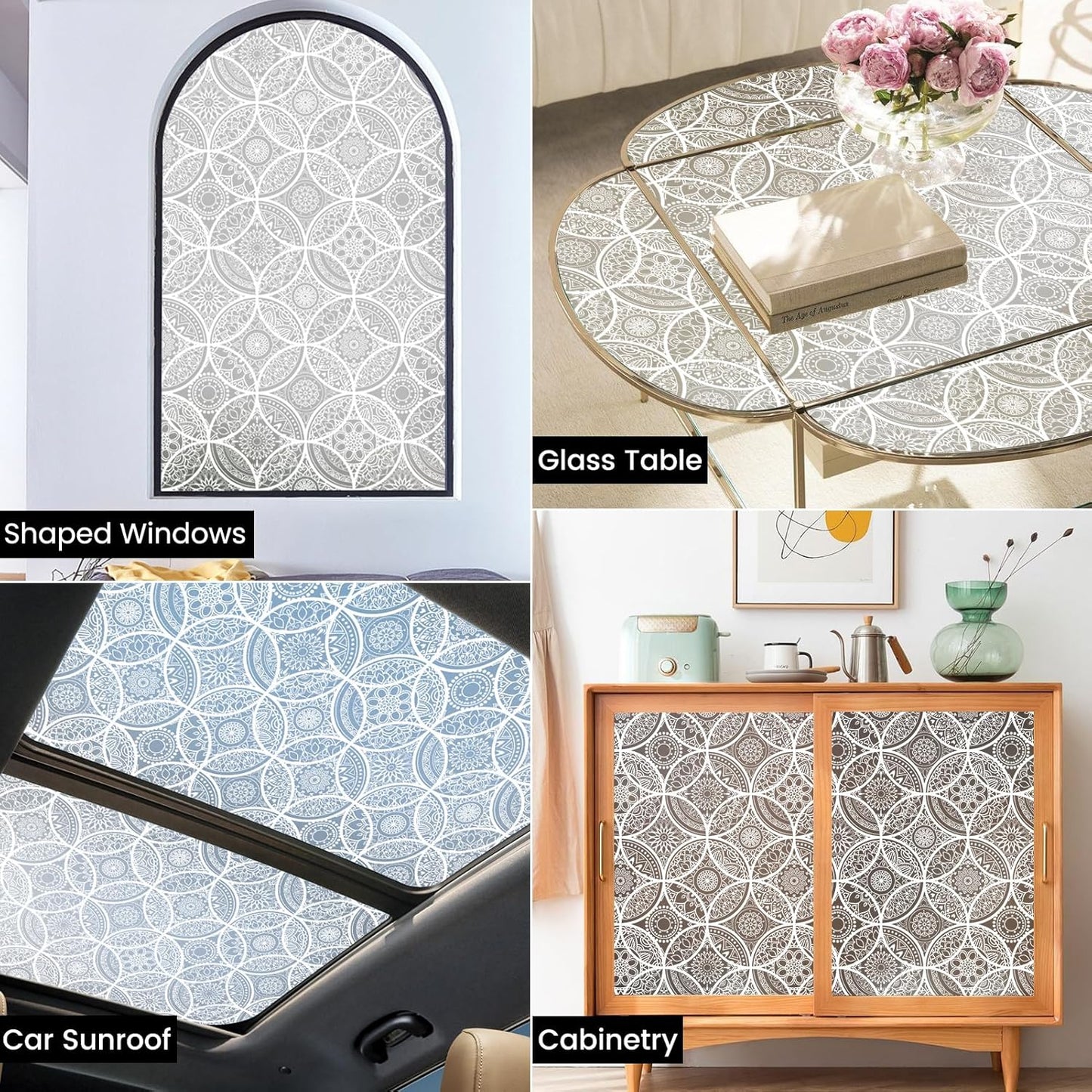 DKTIE Bohemian Decor Stained Glass Window Film with Installation Tools, Two-Way Window Privacy Film, Reduce Glare, Pure White, 17.7 x 78.7 Inch