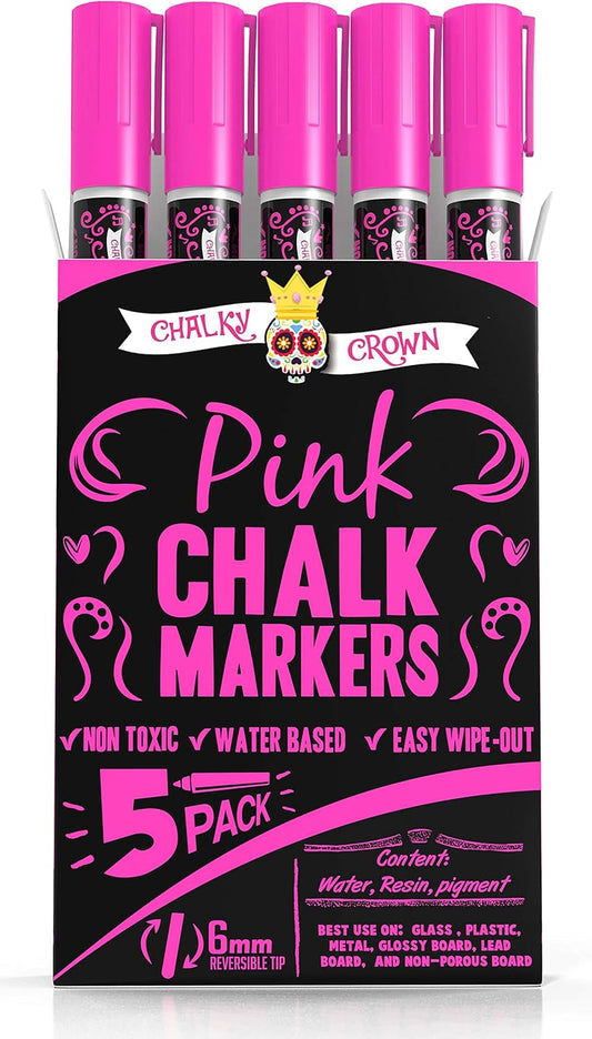 CHALKY CROWN Liquid Chalk Marker Pen - Dry Erase Marker - Chalk Markers for Chalkboard Signs, Windows, Blackboard, Glass - 6mm Reversible Tip (Pink, 5 Pack)