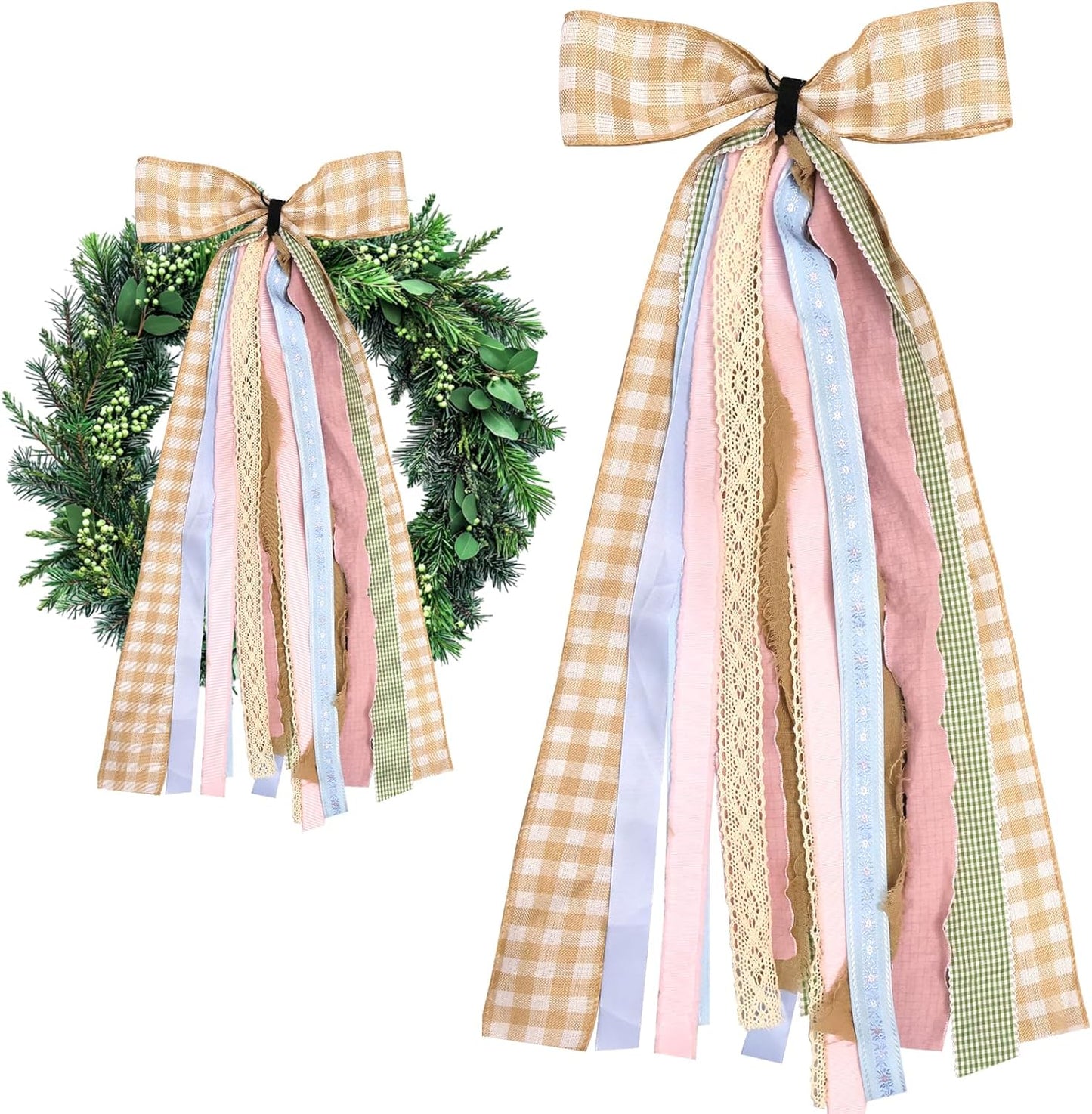 Large Fall Ribbons Bow for Wreath, Orange White Buffalo Plaid Fabric Ribbons Set Assorted Lace Ribbon Blue Pink Clip-On Wreath Sash Ribbon Bundle for Fall Thanksgiving Home Indoor Outdoor Decor