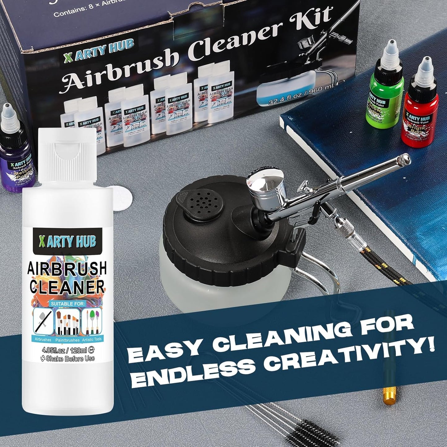 X ARTY HUB Airbrush Cleaning Kit - 8 * 4.05 fl oz / 120 ml Airbrush Cleaner with Glass Cleaning Pot, Easily Handle Water-Based and Acrylic Paints, for Airbrushes & Other Artistic Tools