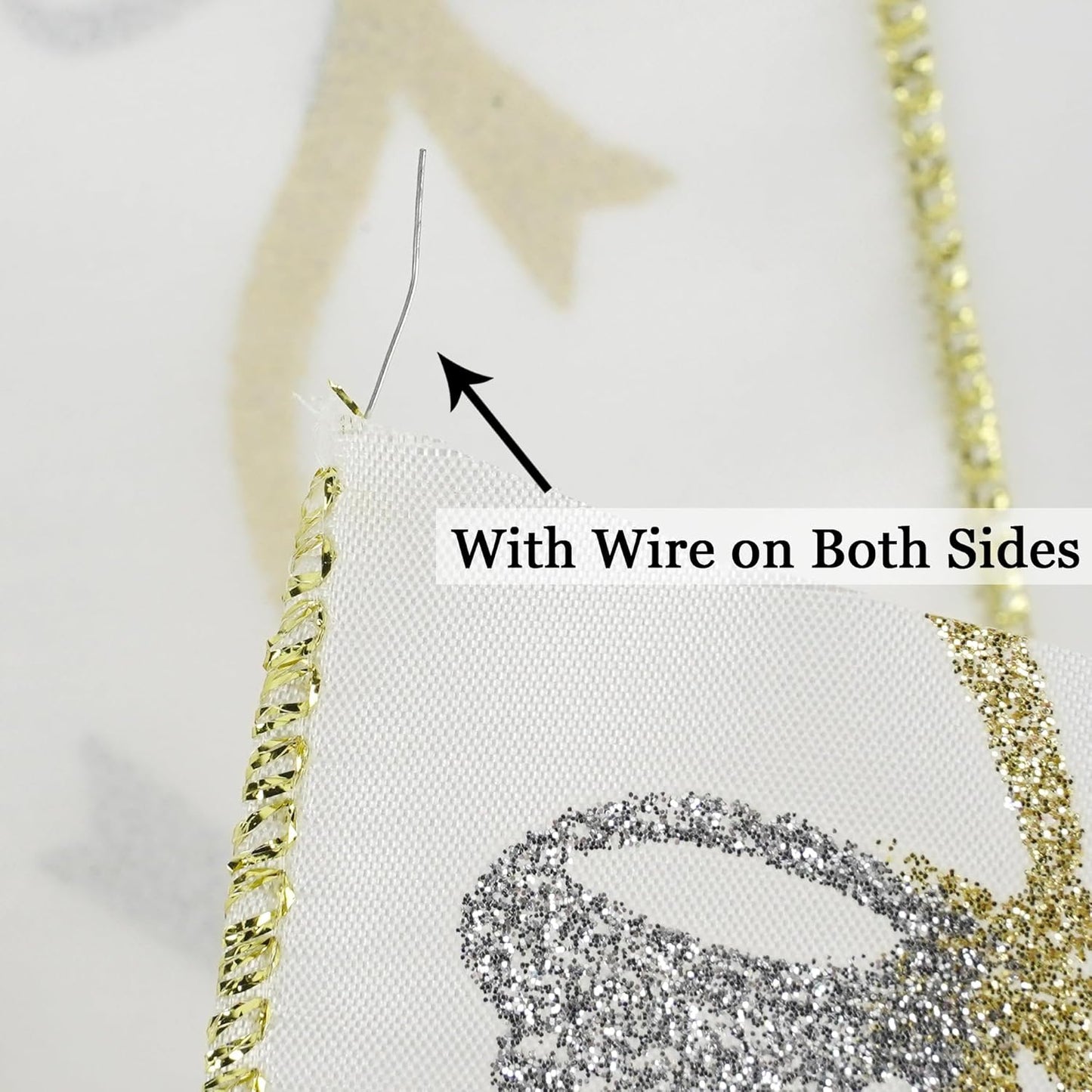 MEEDEE Gold & Silver Christmas Ribbon - 2.5 Inch White Satin with Glittery Bows Pattern - 10 Yards Wired Ribbon for Tree, Garlands & Toppers