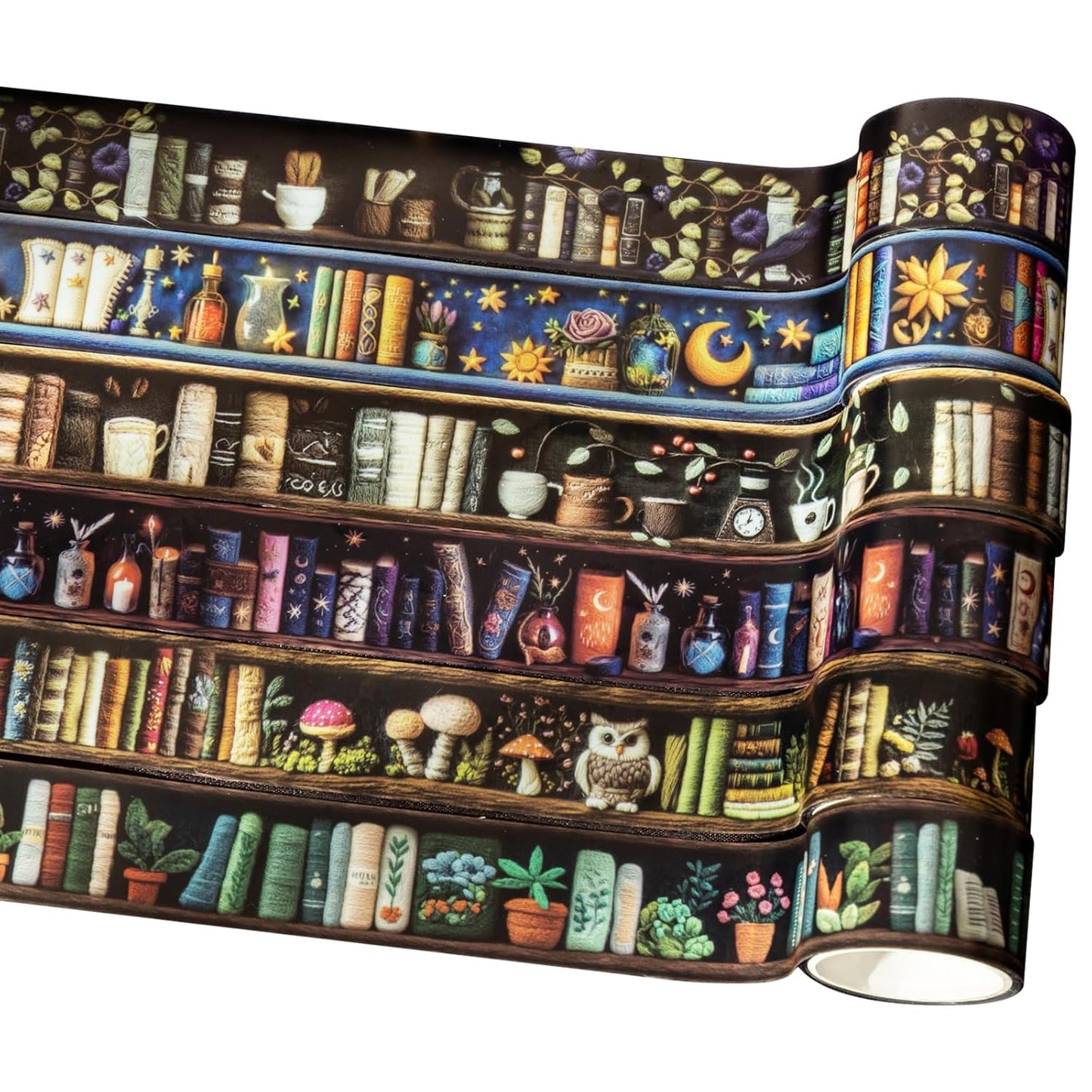 Magician’s Bookcase PET Tapes – 6 Rolls of Fantasy Embroidery-Style Bookcase Designs with Clip, for Scrapbook, Journal, Junk Journal, Planner and DIY Decor