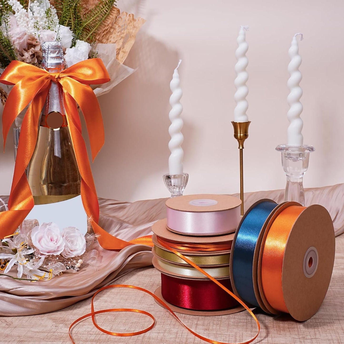 LaRibbons Orange Satin Ribbon 1/8 Inch 100 Yards Thin Luxury Double Faced Russet Orange Silk Ribbon for Flower Bouquet Crafts Gift Wrapping Wedding Fall Decoration