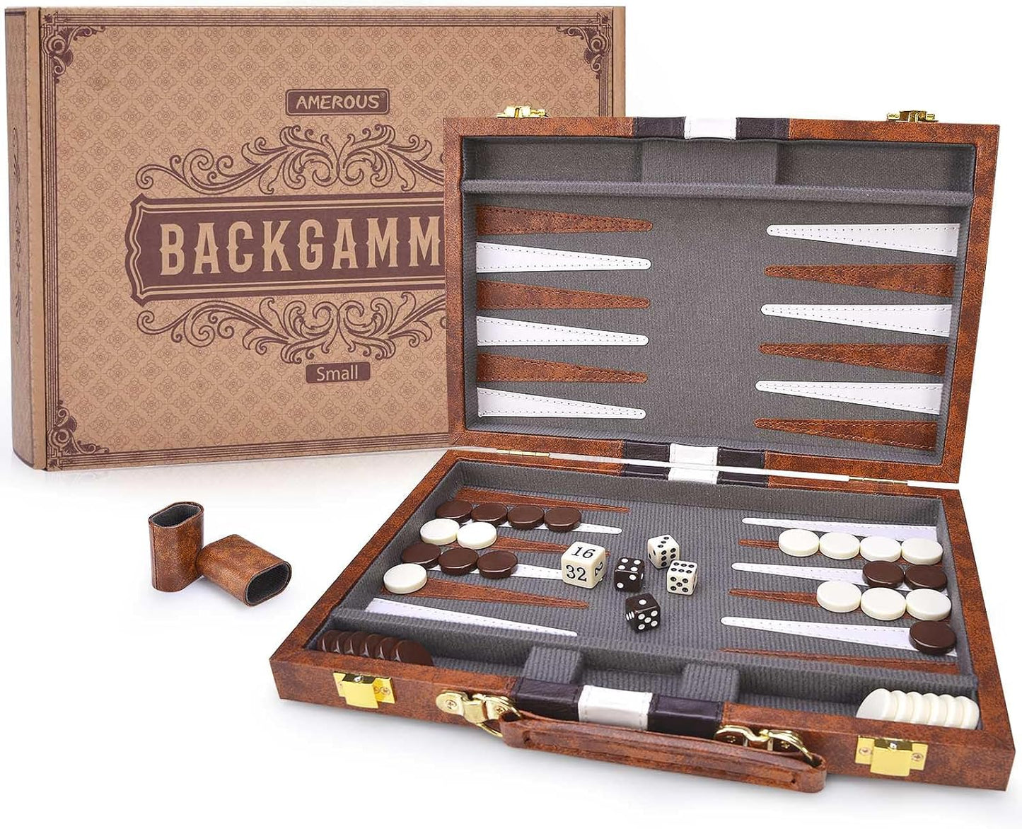 AMEROUS Backgammon Set, 11 Inches Classic Board Game withLeather Case, Folding Board, Gift Package, Portable Travel Strategy Backgammon Game Set for Adults, Kids (Small, Brown)