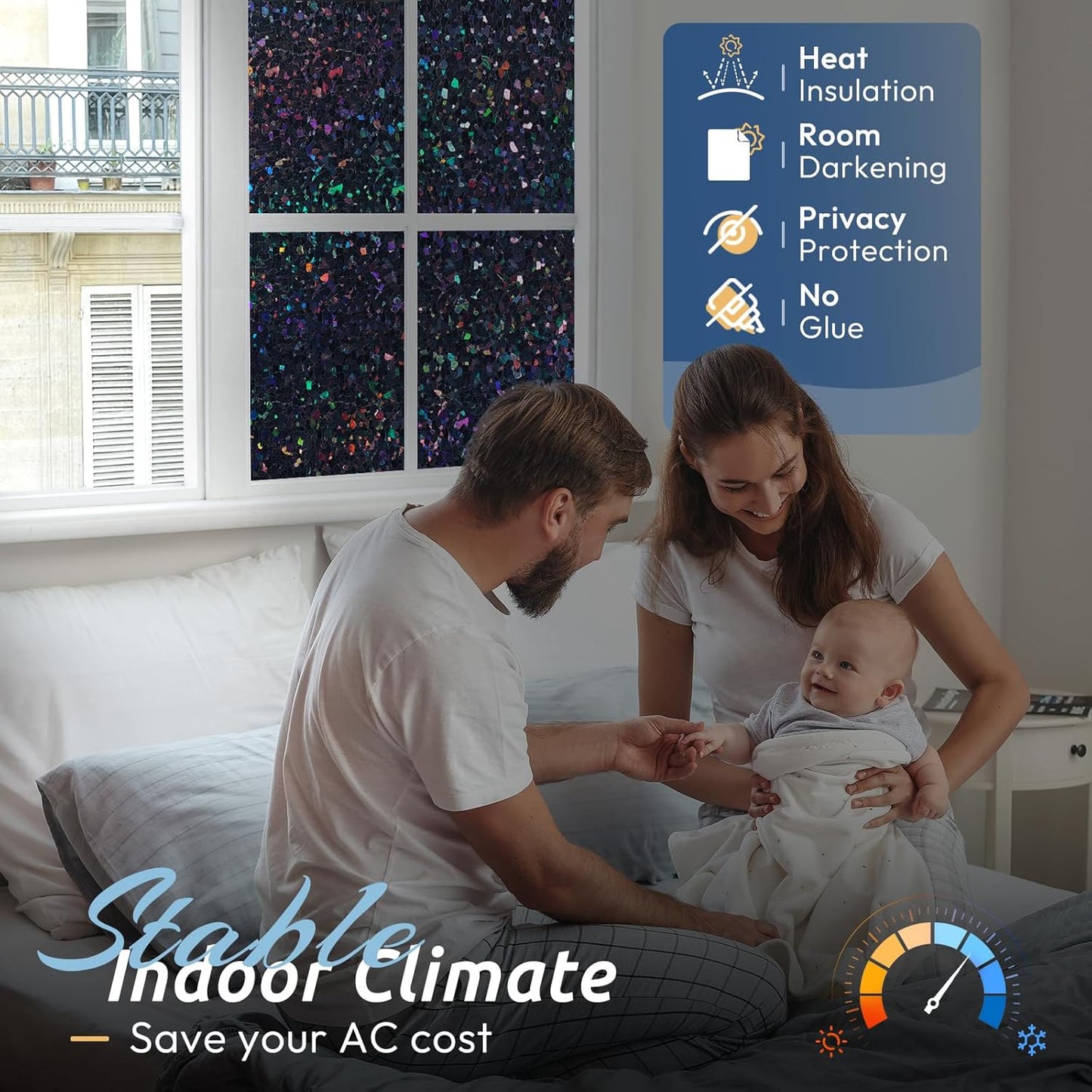 rabbitgoo Blackout Rainbow Window Privacy Film Decorative Stained Glass Diamond Pattern Window Sticker with Iridescent Tint Non-Adhesive Static Cling for Home Office Bathroom, 17.5 x 157.4 inch, Black