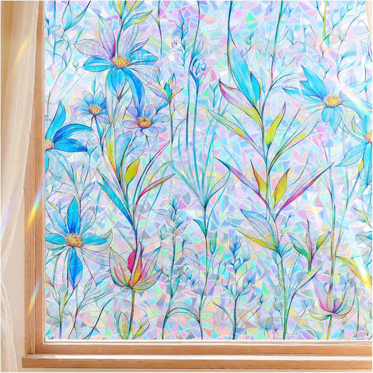 FINNEZ Window Privacy Film Stain Glass Film Flowers Rainbow Window Film Window Clings Non-Adhesive Reusable Decorative for Home（Blue Lotus，45.2 Inch x 13.1 Feet）