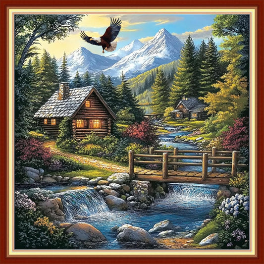 Joyhoor Cross Stitch Kits for Beginners Stamped Cross-Stitch Supplies Needlework preprint Embroidery Kits for Adults DIY Needlepoint Kits Embroidery Patterns 11CT-Creek Cottage 18x18 inchs