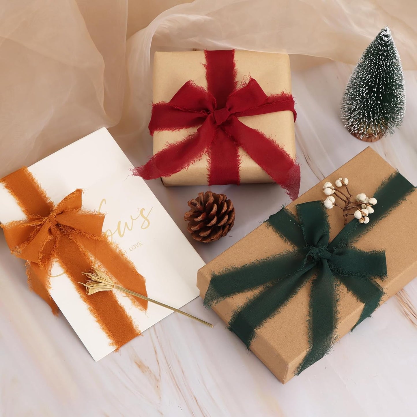 TONIFUL 4 Rolls Silk Chiffon Ribbon, 1-1/2 Inch x 22yds, Beige and Cream Chiffon Ribbons Set, Handmade Fringe Silk Ribbon for Gift Wrapping Bridal Bouquets Wedding Invitations Decoration Crafts