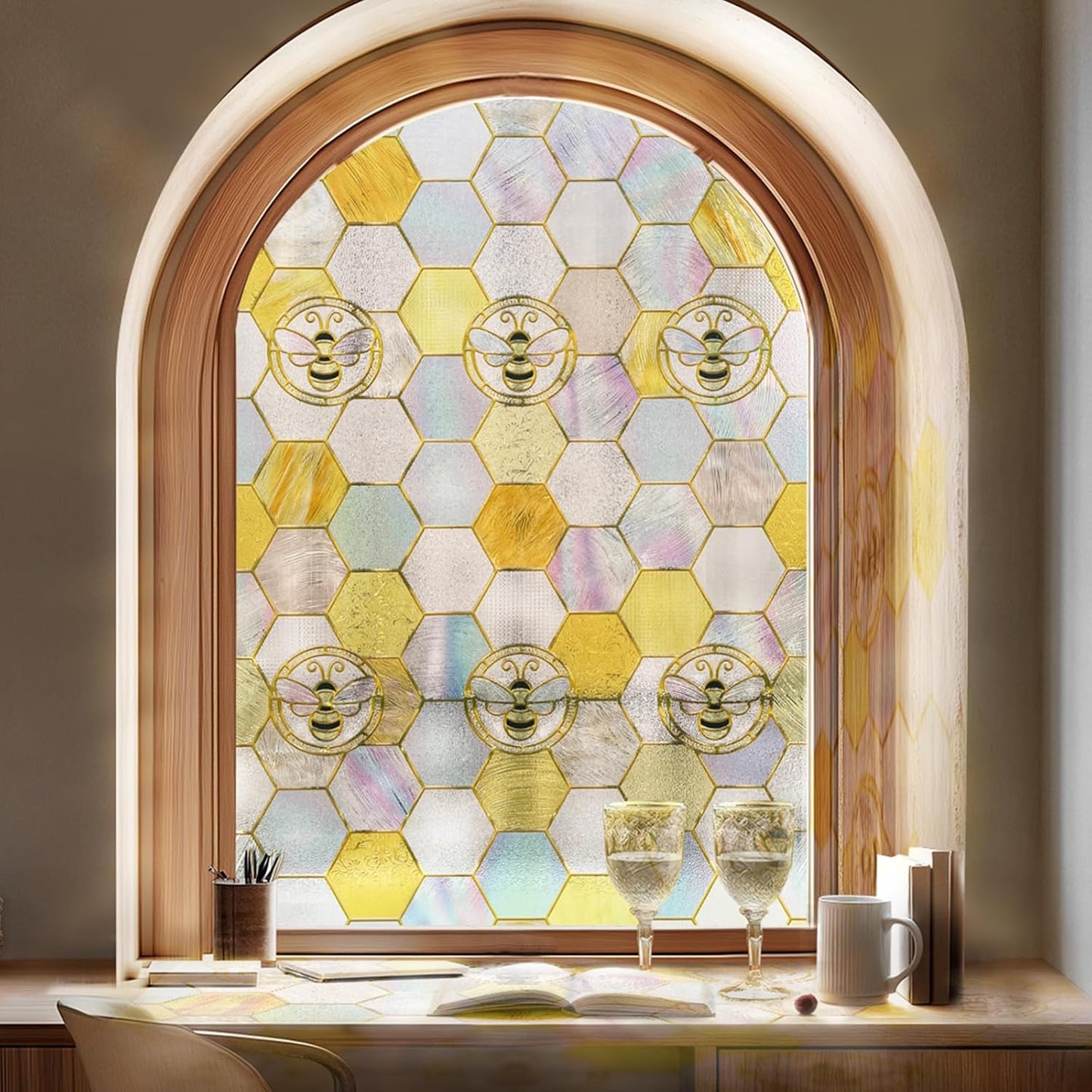 3D Stained Glass Window Privacy Film, Heat Control UV Blocking Static Cling Decorative Window Film for Bathroom,Front Door,Home Non Adhesive, Honey 16.9 x 39.3 inches