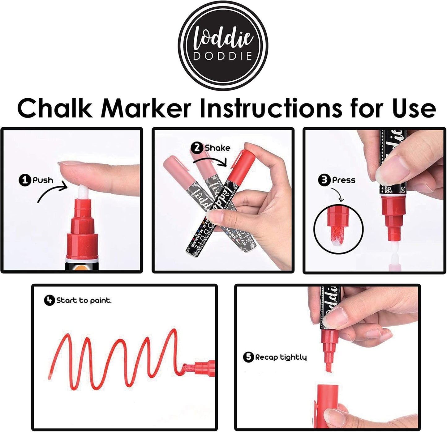 Loddie Doddie Liquid Chalk Marker Set - Pack of 4, Basic Colors, 6mm Tip - Fine-Tip Chalkboard Markers for Blackboard - Washable Window Pens for Glass - Dual Ends for Chalkboard Calendar