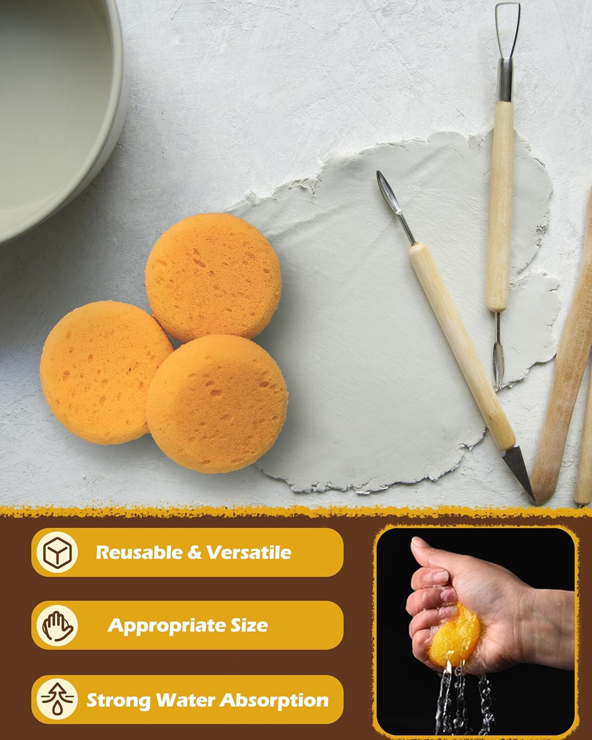 15Pcs Pottery Sponges for Clay 2.5inch, Sponge for Pottery and Cleaning Horse Saddle, Round Clay sponges for Pottery, for Kitchen Shoes Leather Care