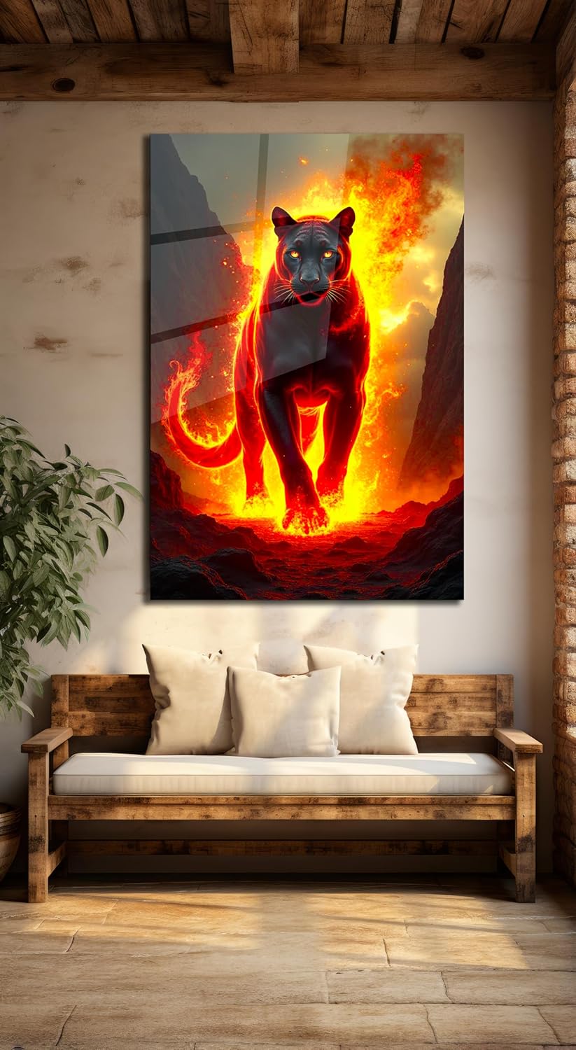 SpiritualHands Fiery Black Panther Glass Wall Art Painting for Living Room, Tempered Glass Modern Prints Decor, Large Vivid Color Panel for Bedroom, Kitchen, or Office