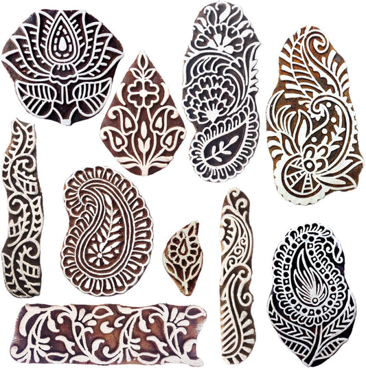 Royal Kraft Wooden Stamps for Block Printing on Saree Border, Textile, Clay, Pottery, Tattoo (Set of 10) MXtag0004