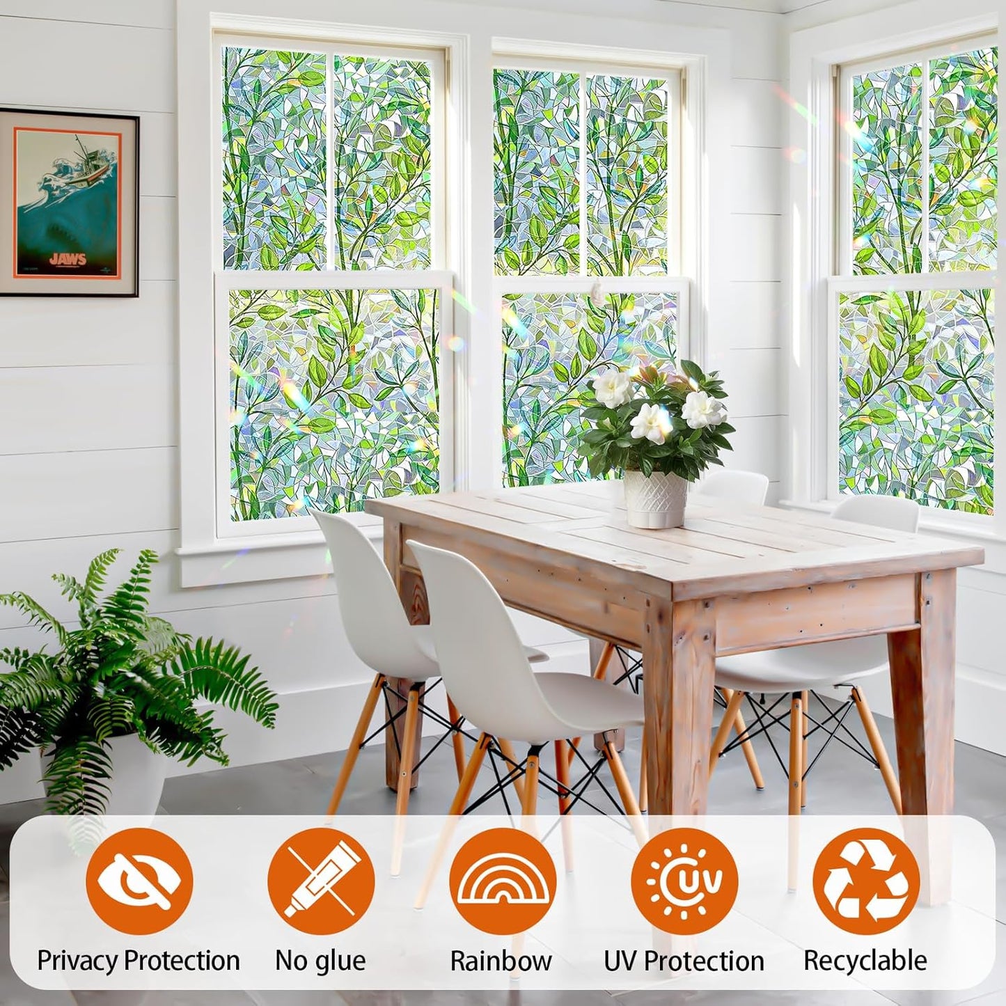 Niviy Window Privacy Film Stained Glass Window Film with Installation Tools, Rainbow Windows Decorative Decals Non-Adhesive Reusable for Home, Bathroom, Glass Door (Leaf Rainbow, 35.4 x 118 in)