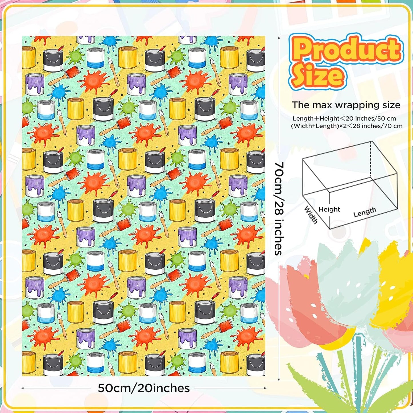 Pineraap 12 Sheets Art Wrapping Paper, Painting Palette Brushes Paint Design Gift Wrap Paper, Creative Art Doodles Folded Flat Gift Wrap for Artists, Birthdays, Celebrations, 19.7 x 27.6 Inch