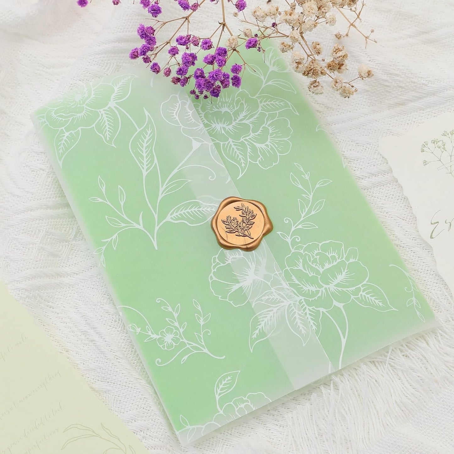 SWANGSA 100 Sets Wedding Invitations Wraps, Vellum Jackets for 5x7 Invitations & Self Adhesive Antique Gold Eucalyptus Wax Seal Stickers for Wedding Bridal Baby Shower Birthday Envelopes (White Rose)