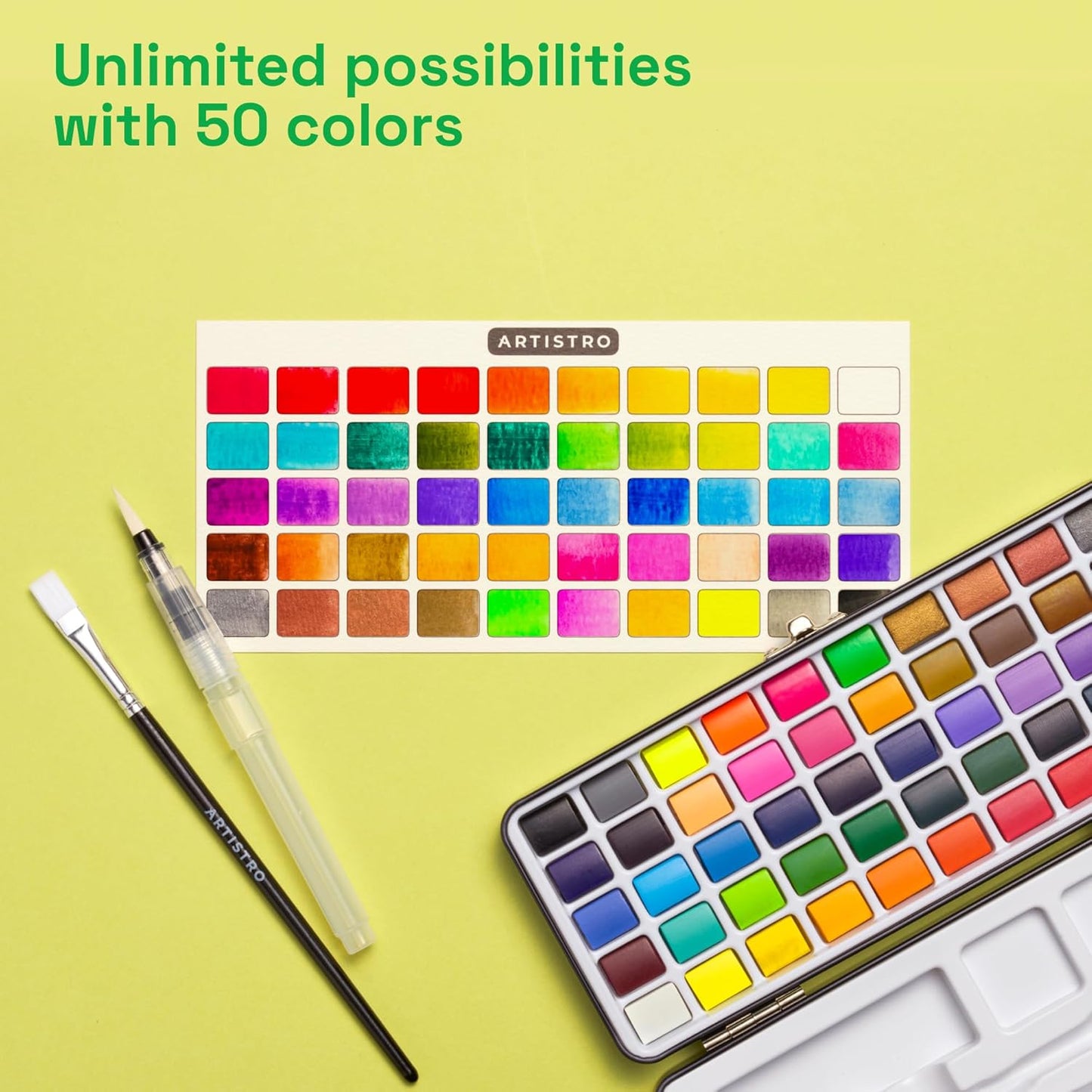 ARTISTRO 50 Watercolor Paint Set, Vivid Colors in Portable Box, Palette set. Perfect Travel Watercolor Set for Artists, Amateur Hobbyists and Painting