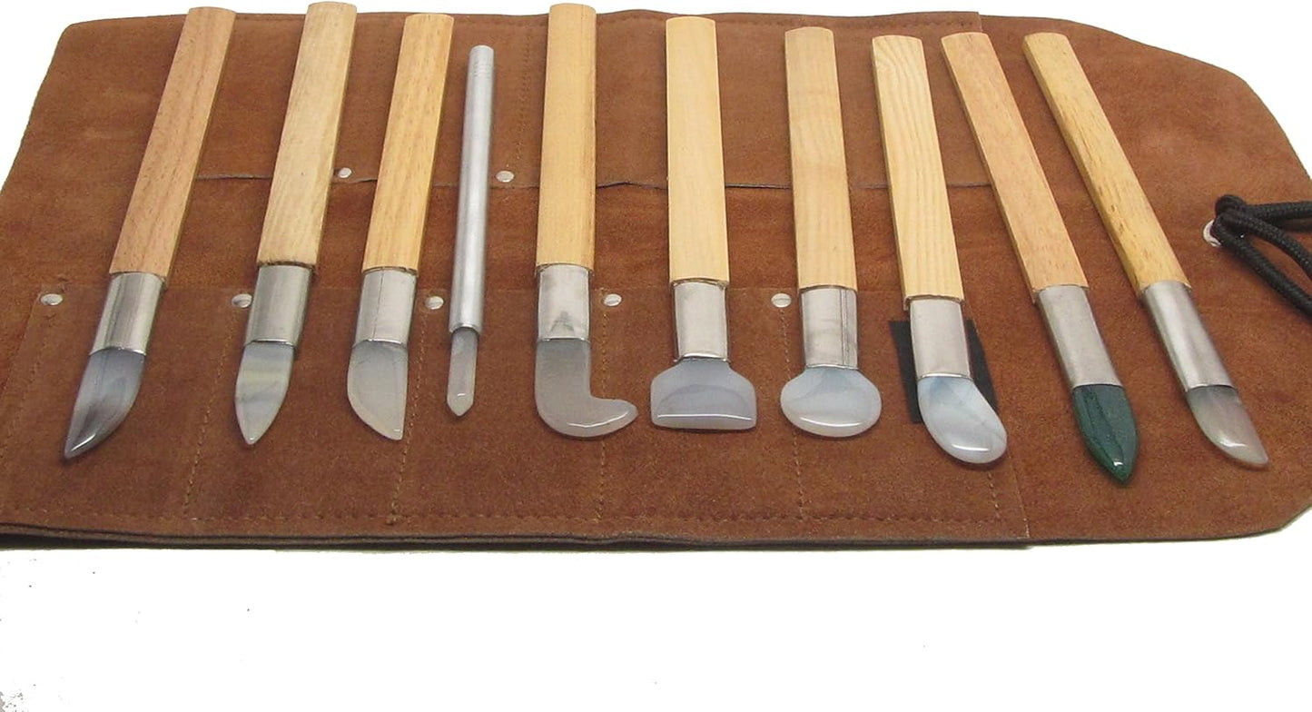 UJ Ramelson Agate Bezel Burnisher for Stone Setting, Jewelry Making, Metal Clay Burnishing and Polishing, Gold and Silver Leaf, Bookbinding Tools, Set of 10, Includes Leather Tool Roll