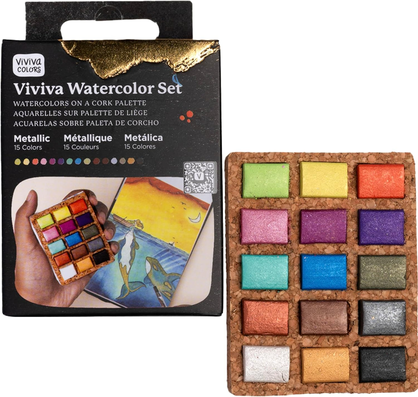 Viviva Colors Nano Watercolor Paint Set - 15 Metallic Watercolor Paints for Adults, Beginners, Artists, Hobbyists - Travel color palette, Vibrant & Handmade Mini Watercolor Kit with Mixing Palette