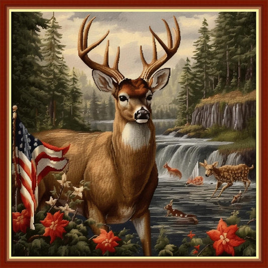 Foxhool Beginners Cross Stitch Kits Stamped Full Range of Embroidery Kits for Adults DIY Cross Stitches kit Embroidery Patterns for Needlepoint kit-Deer National Flag 17.7x17.7 inch