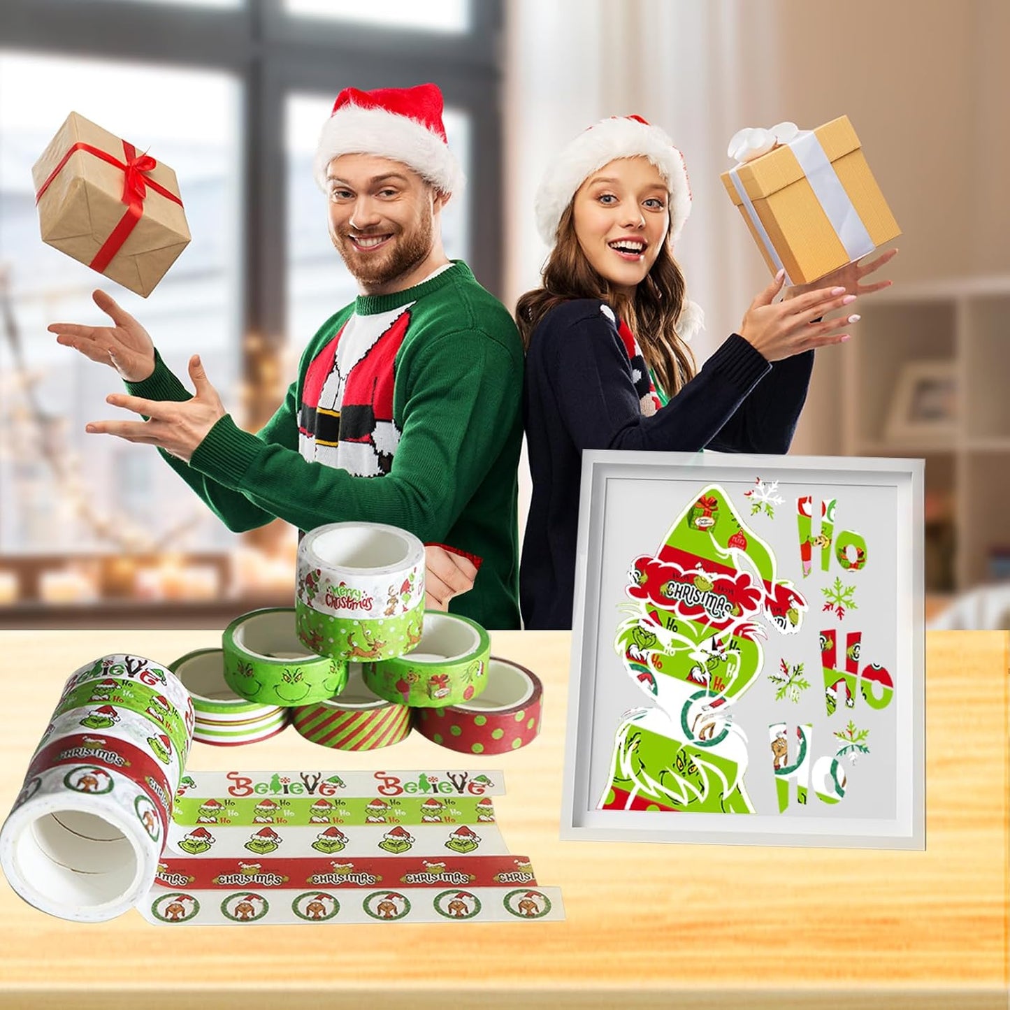 Christmas Washi Tape Set - 12 Rolls with Funny Cartoon Character Design in Green and Red for Festive Crafting and Gift Wrapping - 196.85ft Total Length