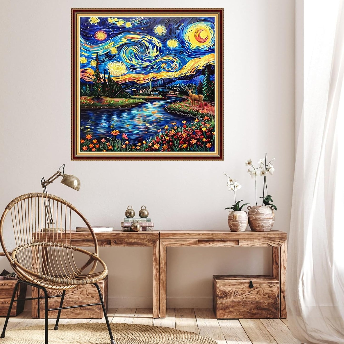 Hopeart Stamped Cross Stitch Kits for Beginner Embroidery Kits for Beginners Adults DIY 11CT Cross Stitch Patterns Needlepoint Kits Crossstitching Kits-Van Gogh Starry Sky Flower Sea 18x18 inch