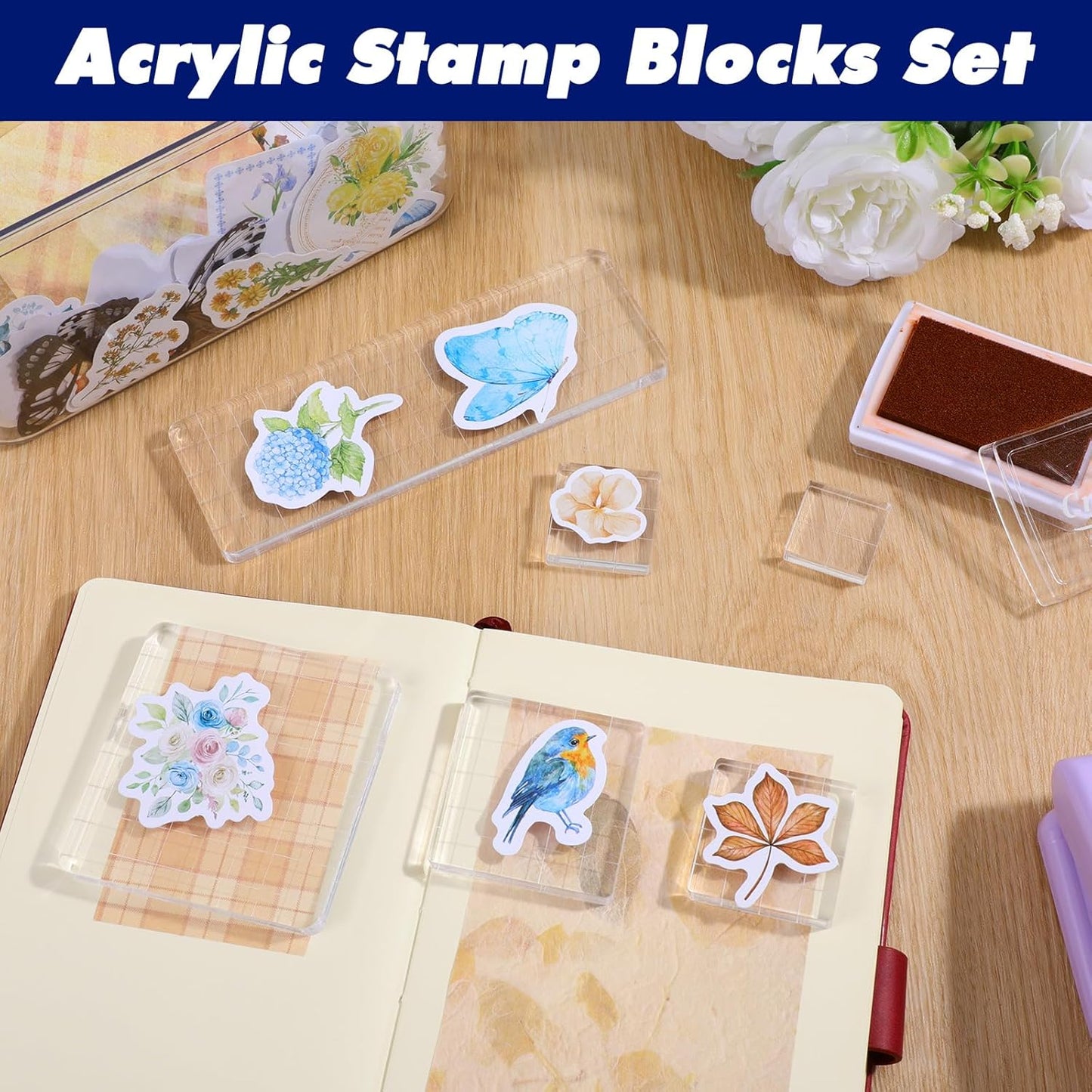 6 Pcs Acrylic Stamp Block Acrylic Blocks for Stamping Clear Tools Decorative Stamp Blocks with Grid and Grip Scrapbooking Craft Making, Decorative DIY Essential Stamping Tool