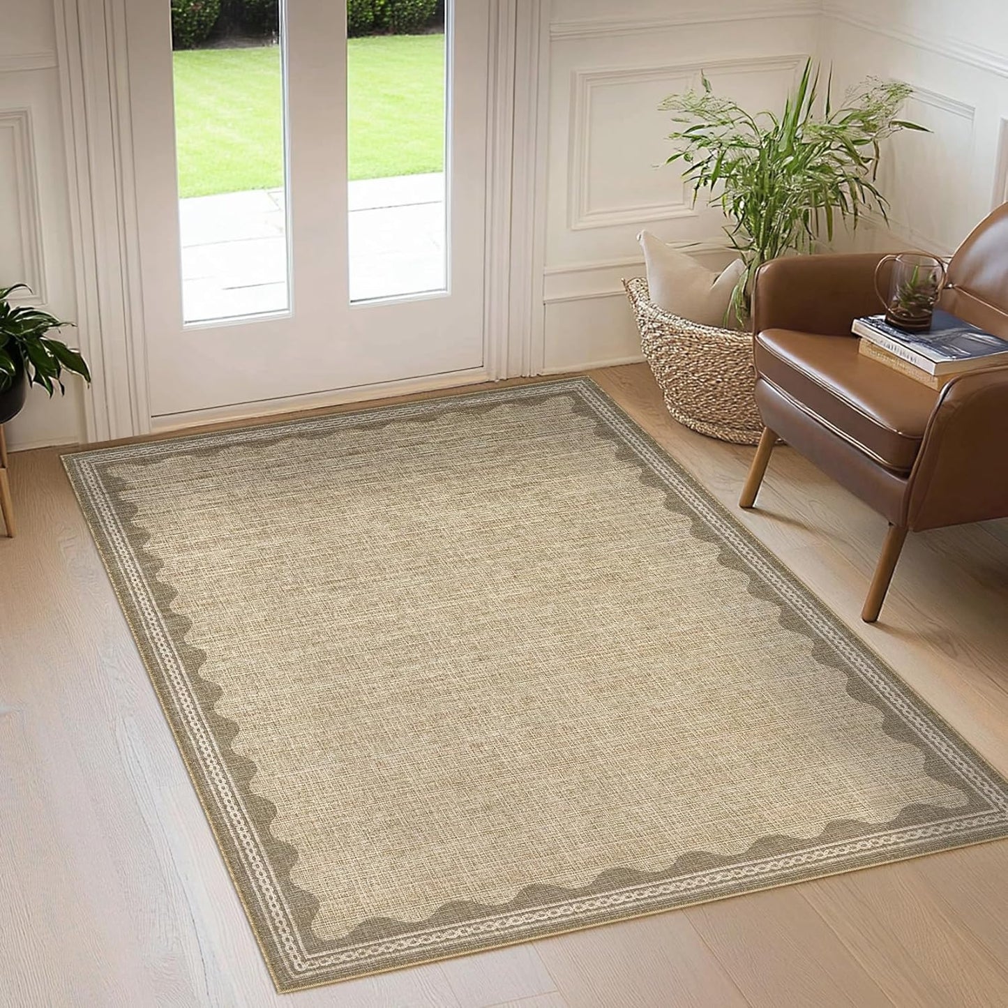 Scalloped 3x5 Rugs for Entryway, Small Area Rug Solid Jute Rug for Bedroom Girls, 3x5 Washable Rugs for Living Room, Non Slip Scalloped Bath Mat, Soft Dorm Nursery Carpet for Bedside