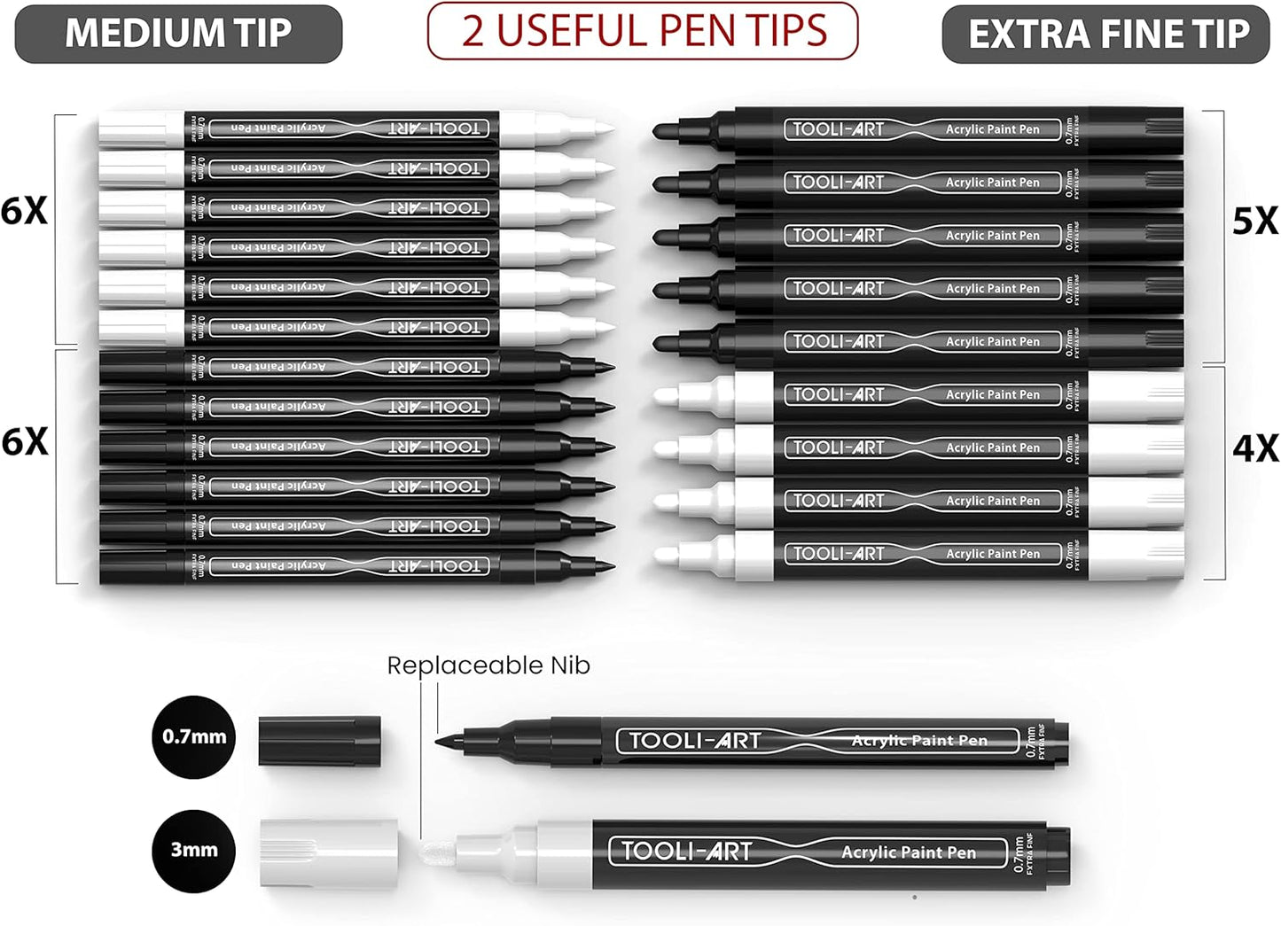 TOOLI-ART Black And White Acrylic Paint Markers Paint Pens Set For Rock Painting, Canvas, Mugs, Metal, Glass Paint, Fabric, Wood, DIY. Non Toxic, Quick Dry,Waterbas (EXTRA FINE & MEDIUM)
