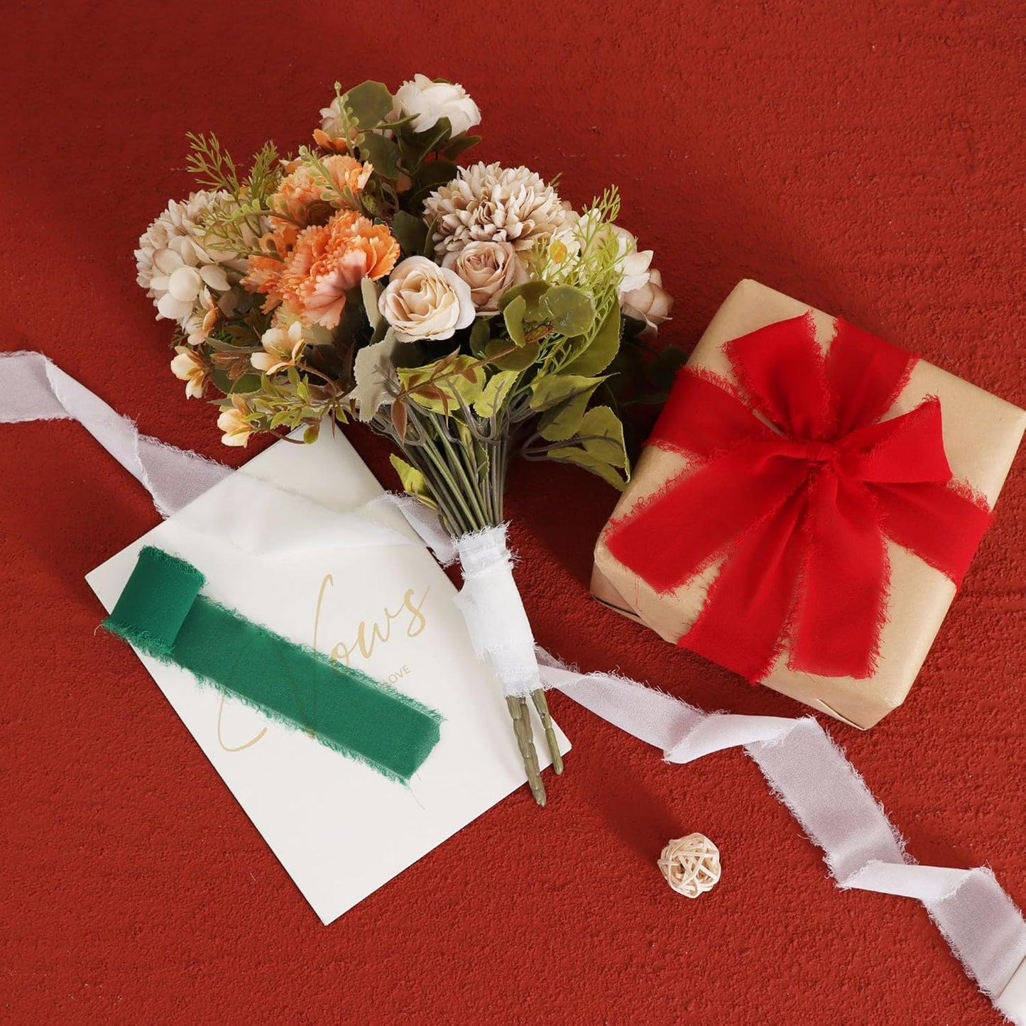 TONIFUL 4 Rolls Silk Chiffon Ribbon 1-1/2 Inch x 22 Yards, Red Green White Handmade Fringe Silk Ribbon for Gift Wrapping Flowral Bouquets Crafts Halloween Christmas Wreath Tree and Party Decoration