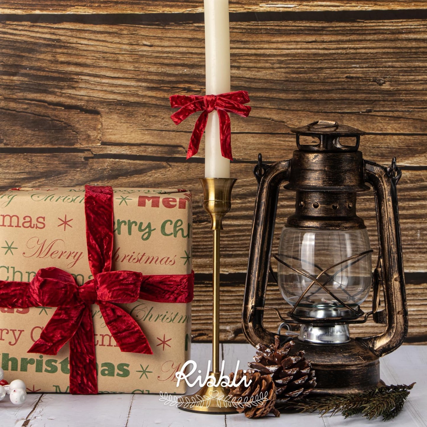 Ribbli Dark Red Velvet Ribbon 3/8 Inches Luxury Crinkled Red Christmas Ribbon for Gift Wrapping Crafts Home Decor-Continuous 10 Yard