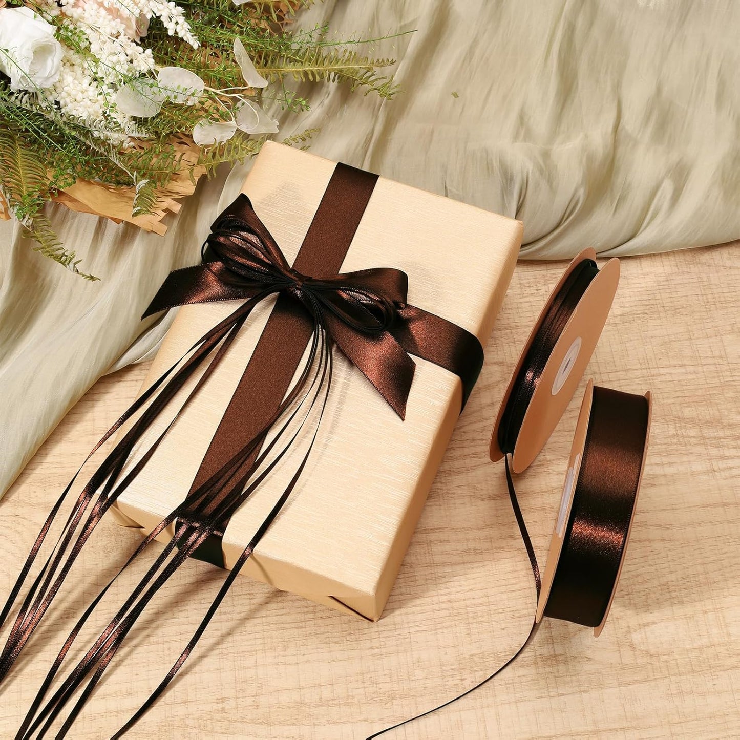 LaRibbons Brown Satin Ribbon 1 Inch 50 Yards Luxury Double Faced Firar Brown Silk Ribbon for Flower Bouquet Crafts Gift Wrapping Wedding Christmas Decoration