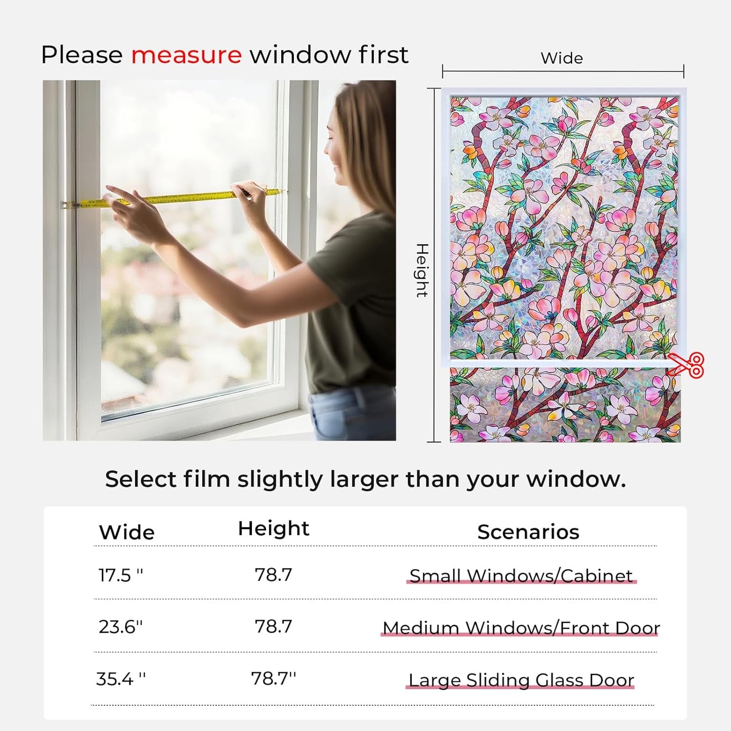 Window Privacy Film Rainbow Film Stained Glass 3D Static Cling Decorative Window Sticker for Bathroom,Front Door,Home Heat Control UV Blocking Non Adhesive,Peach Blossom 17.5 x 78.7 inches