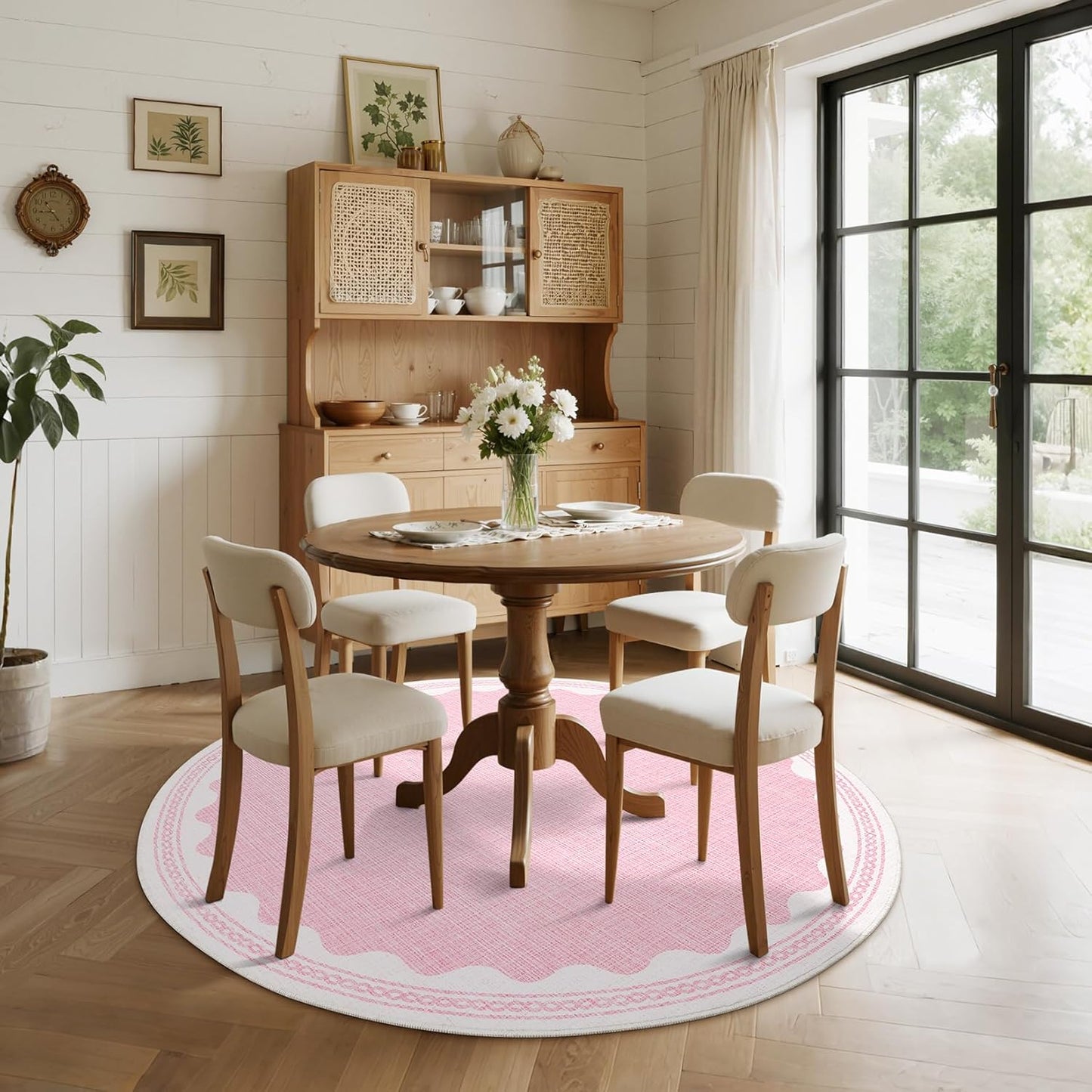 Scalloped Round Rug 6ft, Small Area Rugs Solid Pink Rug for Bedroom Girls, Washable Rugs for Living Room, Non Slip Scalloped Round Bath Mat, Soft Dorm Nursery Carpet for Bedside