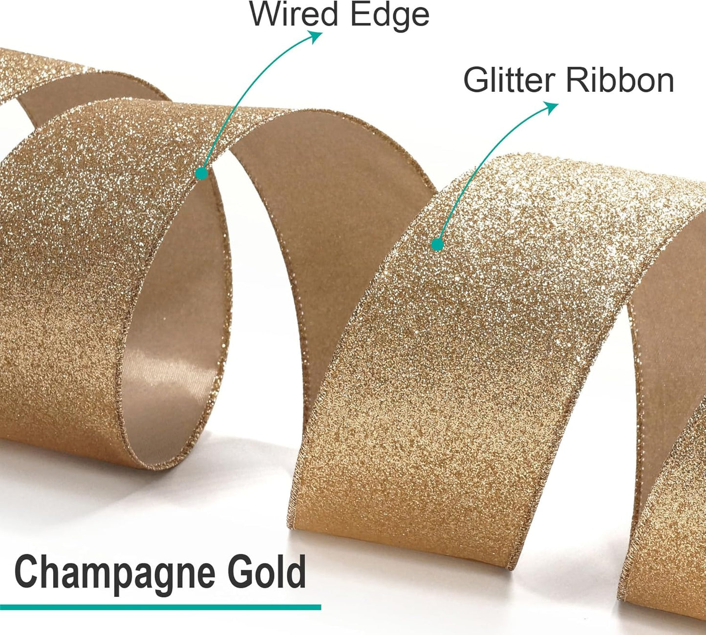 CT CRAFT LLC Glitter Wired Ribbon 4" x 10 Yards Gold (Champagne Gold) for Christmas Home Decor Bow Gift Wrapping DIY Crafts Wreath