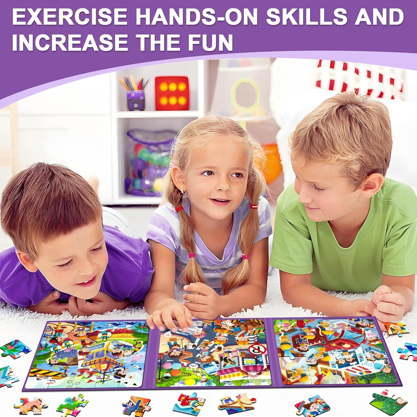 Magnetic Puzzles for Kids Ages 4-8, 3 in 1 Toddlers Cartoon Magnet Jigsaw Puzzle Book, Travel Toys, Preschool Learning Toy for Ages 3-8 (Purple Squad)