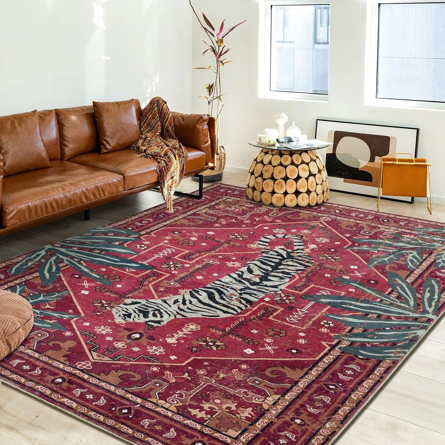 Tribal Rugs Summer Tropical 5x7 Area Rugs Wine Red Traditional Boho Vintage Oriental Rug Carpet for Bedroom Kitchen Dining Living Room Indoor Entryway Washable
